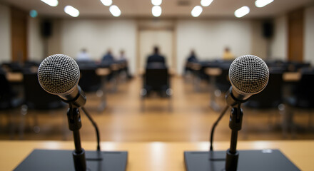 Two Microphones on Stands in a Conference Room with Soft Lighting and Blurred Figures with Rows of Chairs and Light Brown Wooden Flooring