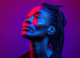 A studio portrait of an African American man with dreadlocks, illuminated by blue and red lights, against a dark background. The light casts dramatic shadows on his face,