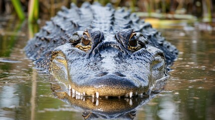 Fototapeta premium Alligator's menacing stare piercing through murky water capturing its power