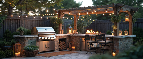 Luxurious outdoor kitchen and barbecue area illuminated with string lights at dusk