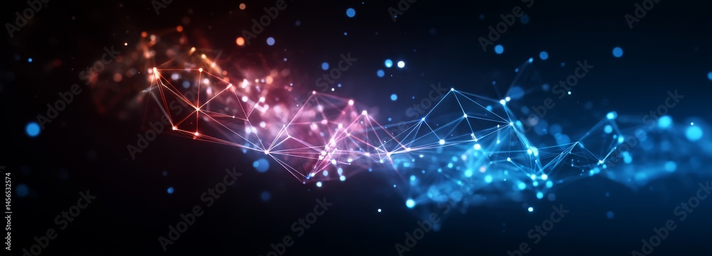 Poster Digital connection dots and lines form an abstract representation, set against a technological backdrop, showcasing a network's structural framework with a plexus effect in 3D