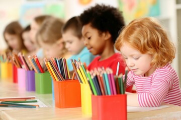 Fototapeta premium Two children who are young and diverse are collaborating on an assignment in a classroom at middle school