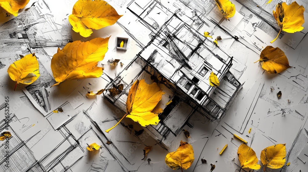 Poster stylized sketch of urban architecture surrounded by golden leaves and abstract color