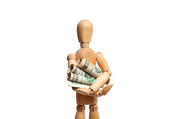 A wooden mannequin holding rolled dollar bills on white background with copy space