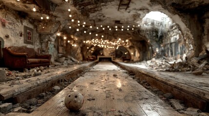 Abandoned Bowling Alley with String Lights and Vintage Charm