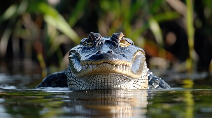 Obraz premium Intense gaze: American alligator emerging from still murky swamp waters