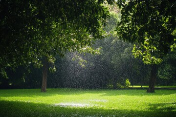 Obraz premium Rainfall nurturing green lawn and trees