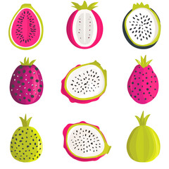  A Simple flat 2D icon dragon fruit set isolated on a transparent background, vector, flat design, animation design, simple flat 2D icon, minimalist design