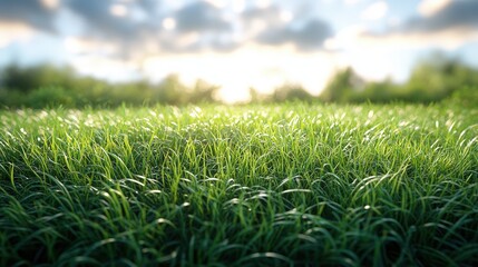 Fototapeta premium Sunlight over meadow of green grass, trees blurred in background and sky