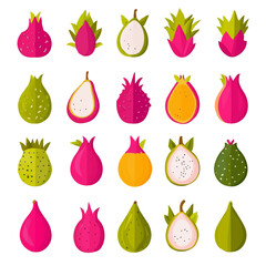  A Simple flat 2D icon dragon fruit set isolated on a transparent background, vector, flat design, animation design, simple flat 2D icon, minimalist design, eps