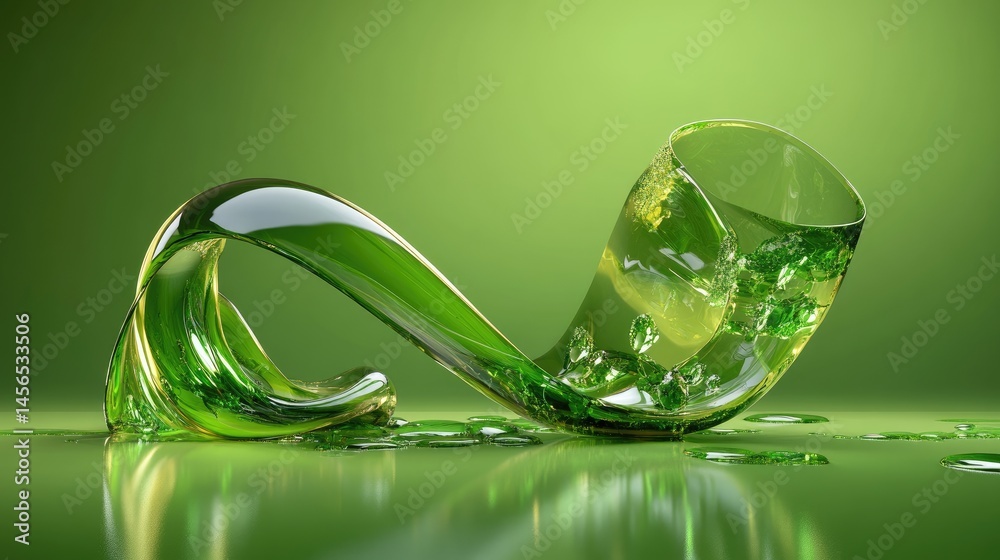 Poster stylized green composition with translucent ribbon and fluid mirrored base