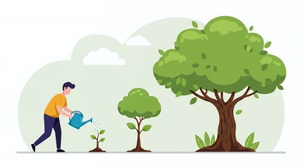 Man Watering Sapling, Growth, Nature, Conservation, Environmentalism, Sustainability, Ecology, 