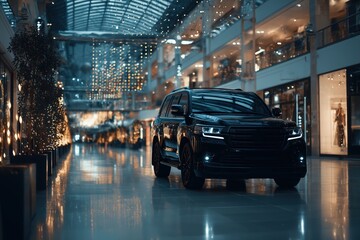 Dark Luxury SUV Parked In A Modern Shopping Mall At Night