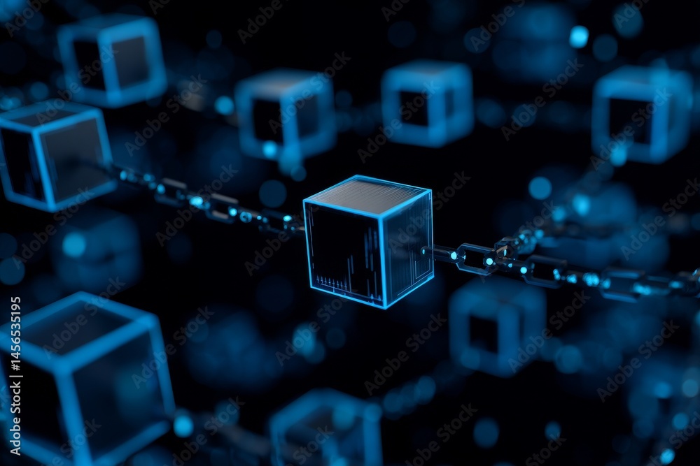 Poster A 3D rendering of an abstract blue background represents connection and network concepts, featuring big data flow within cyber blockchain fields and a blue network system, all Stock