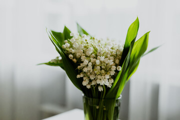 Lily of the valley blossoms in a glass vase on a white table. A beautiful bouquet of tiny white spring flowers in a transparent a vase, soft lighting.