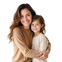 Smiling mother hugging and having fun with her daughter, family relationship and motherhood concept, isolated on transparent background