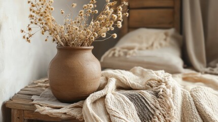 Cozy bedroom vignette with earthy tones