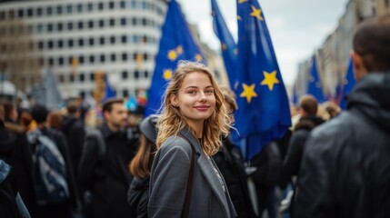 Woman smiling at EU protest rally with flags in the background on a city street.