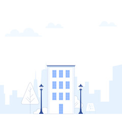 Suburb city street with apartments houses and shop buildings horizontal background. City view with house facades. Abstract architecture modern cityscape panorama. Vector illustration in flat style