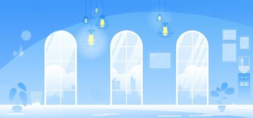 Office interior. Empty no people open space cabinet room with furniture. Office workstation furniture interior concept. Modern coworking area. Vector flat horizontal cartoon illustration