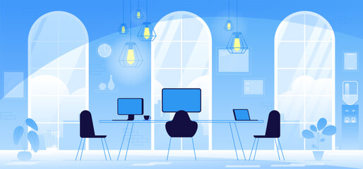 Office interior. Empty no people open space cabinet room with furniture. Office workstation furniture interior concept. Modern coworking area. Vector flat horizontal cartoon illustration