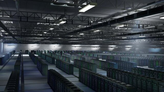 Data center mainframes delivering high tech computing resources for AI to process training datasets. Server farm equipment storing data used in deep learning, aerial shot