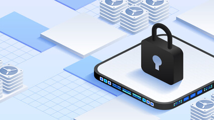 Antivirus encryption and cloud data protection. Padlock surrounded by server stacks and cooling fans. Data analytics screens. Safeguarding data. Isometric vector illustration