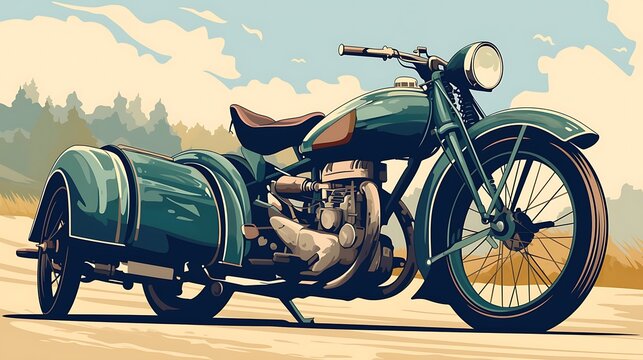 Vintage motorcycle with sidecar retro illustration
