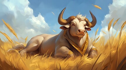 Beige bull in golden wheat field