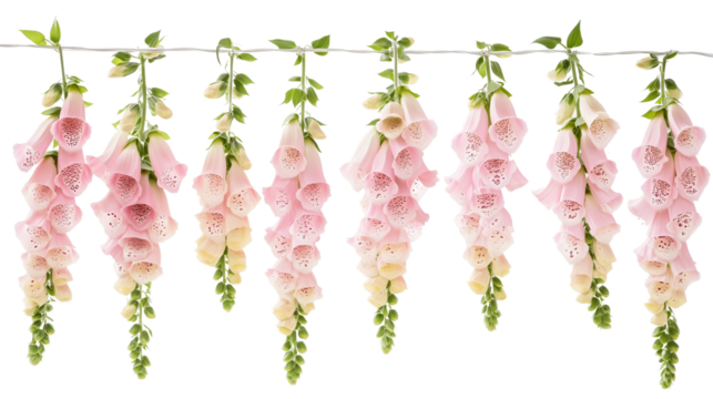 Vertical rows of foxglove flowers, colorful foxglove flowers, arranged vertically and hanging, the beauty of vertical foxglove flowers, foxglove flowers of different colors, on a transparent backgroun