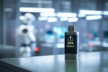 USB drive with glowing data privacy warning in futuristic AI lab, cybersecurity storage concept for digital risk, encryption, and information protection