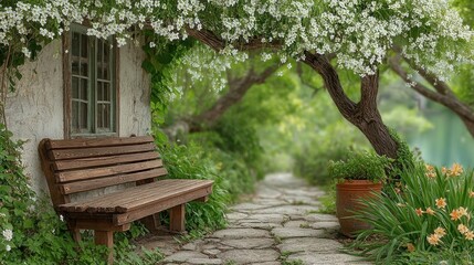 Obraz premium Serene Garden Bench by Stone Path with Blooming Flowers