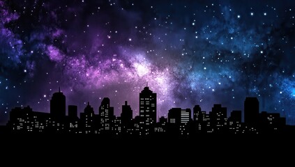Fototapeta premium City skyline at night under a starry sky filled with nebulas
