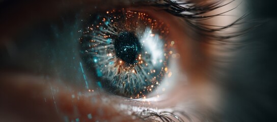 A digital blue eye is depicted with data visualization charts and graphs suspended before it, symbolizing the cutting-edge technology utilized by AI in information processing
