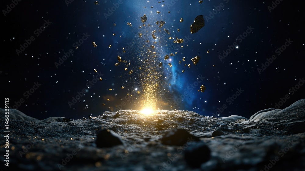 Poster sparkling star particles flying outward from a glowing core, dark space background