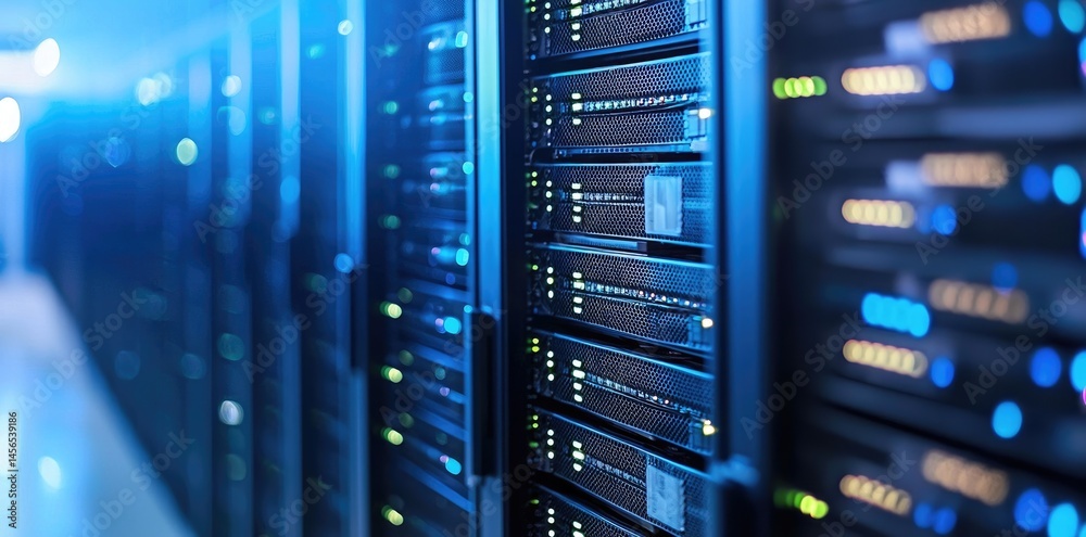 Poster Blurry depth of field shot of glowing server cabinets, symbolizing digital connectivity and network systems for use in high tech infrastructure visuals
