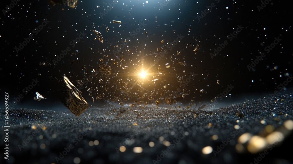 Poster sparkling star particles flying outward from a glowing core, dark space background