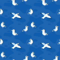 Marine seamless pattern with seagulls in different poses in cartoon style on blue background