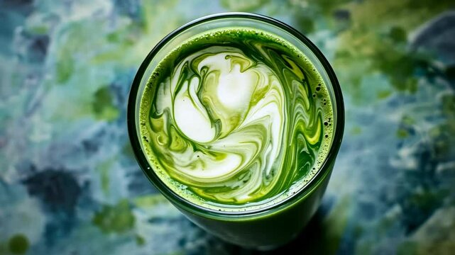 Overhead view of a matcha latte with intricate cream swirls, over a textured green surface.