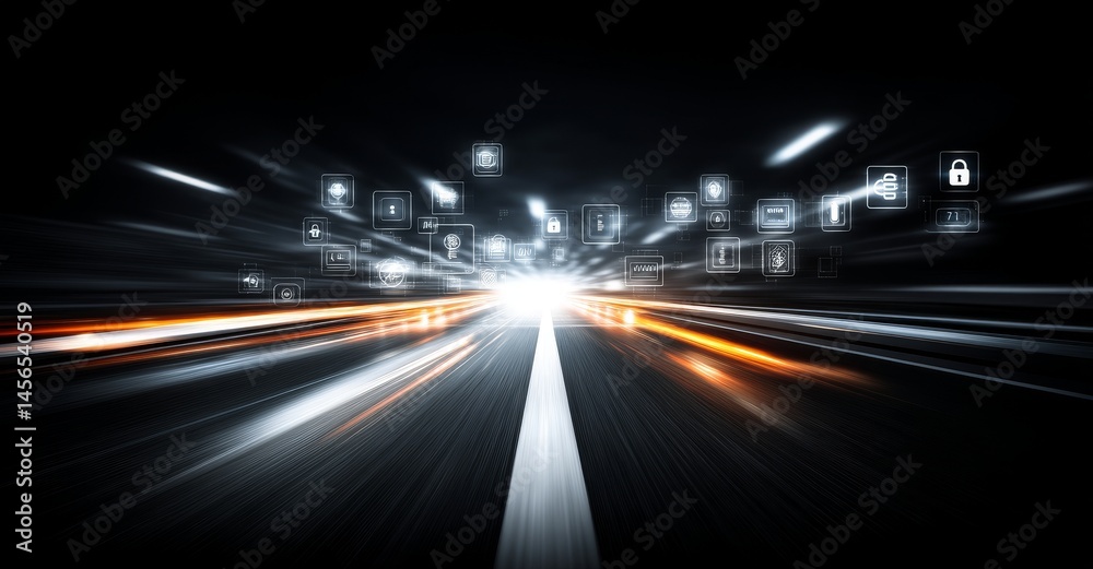 Poster the idea of data security is visually conveyed through an abstract, blurred image of fast-moving tec