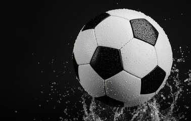 Fototapeta premium Black and White Soccer Ball Splashing in Water on Dark Background