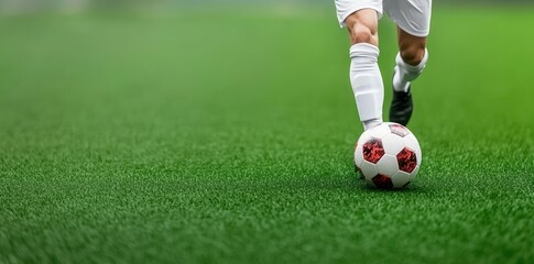 Obraz premium Action Shot of Athlete Kicking Soccer Ball on Green Field
