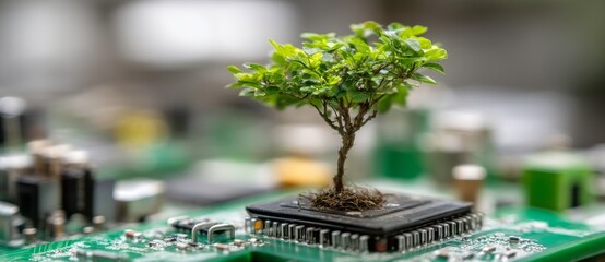 Obraz premium Technology and nature converge in the image of a green tree on a computer chip, with roots that resemble wires on a circuit board, symbolizing the blend of environmental and tech innovations