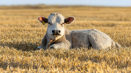 Obraz premium Light-gray calf resting in golden wheat field