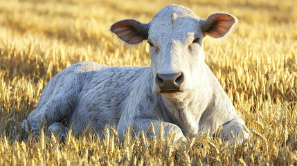 Obraz premium White calf resting in golden wheat field