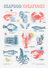 Seafood Creatures Food Poster A3