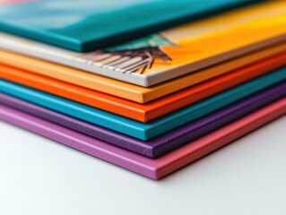 Fototapeta premium Colorful Canvas Stacked on White Surface for Artistic Showcase