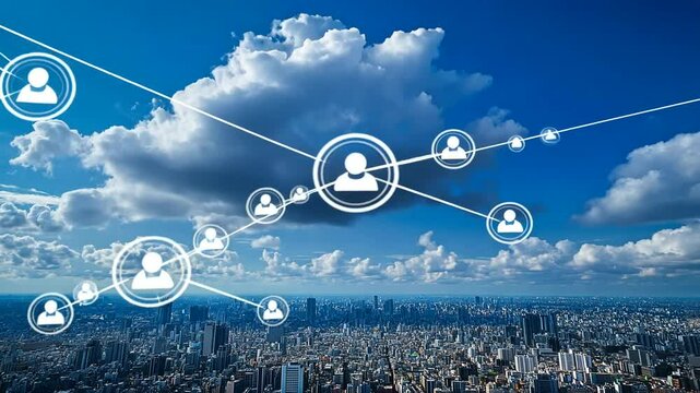 Network of profile icons over cityscape under cloudy blue sky, symbolizing global communication and connectivity - Powered by Adobe