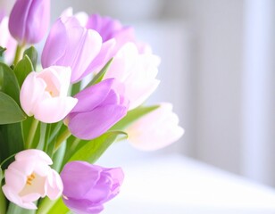 Fototapeta premium beautiful Pink and Purple Tulips in a Vase, beautiful close up of flowers 