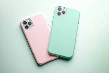 Pink and green mobile case mockup on white background